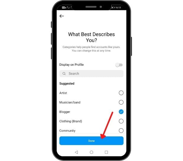 انتخاب دسته بندی برای اینستاگرام